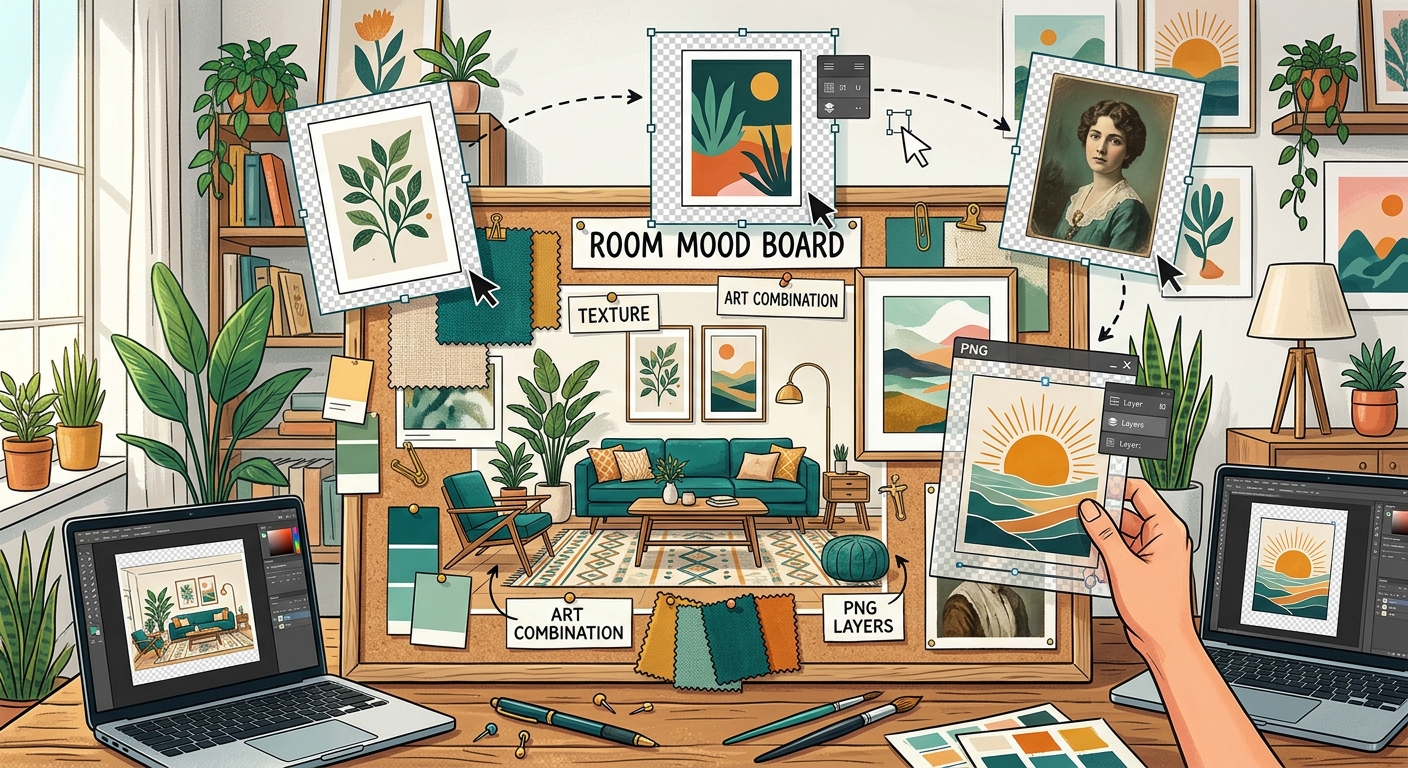How to Combine Transparent PNGs and Wall Art in Room Mood Boards