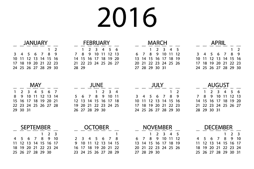 2016 Yearly Calendar Blackand White