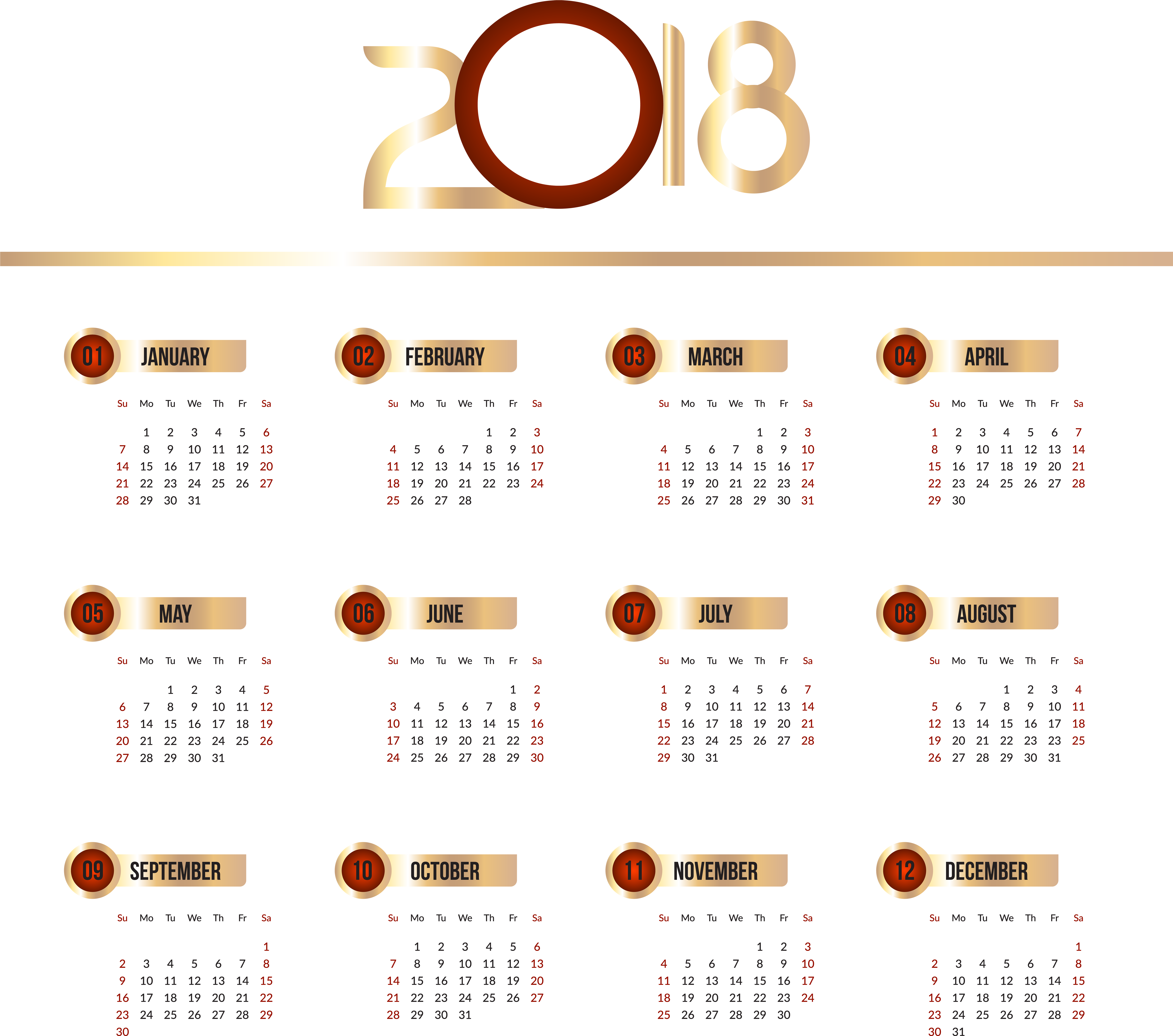 2018 Complete Year Calendar Clipart