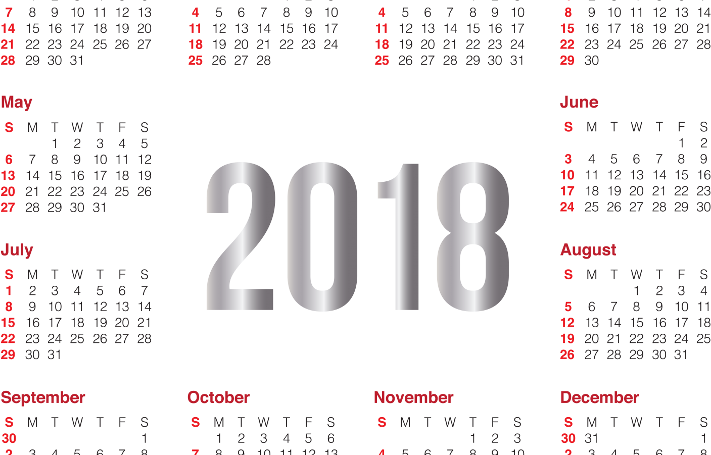 2018 Yearly Calendar Clipart