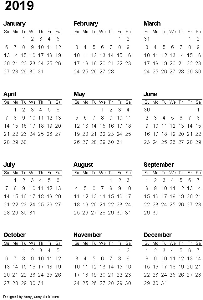 2019 Complete Year Calendar Clipart