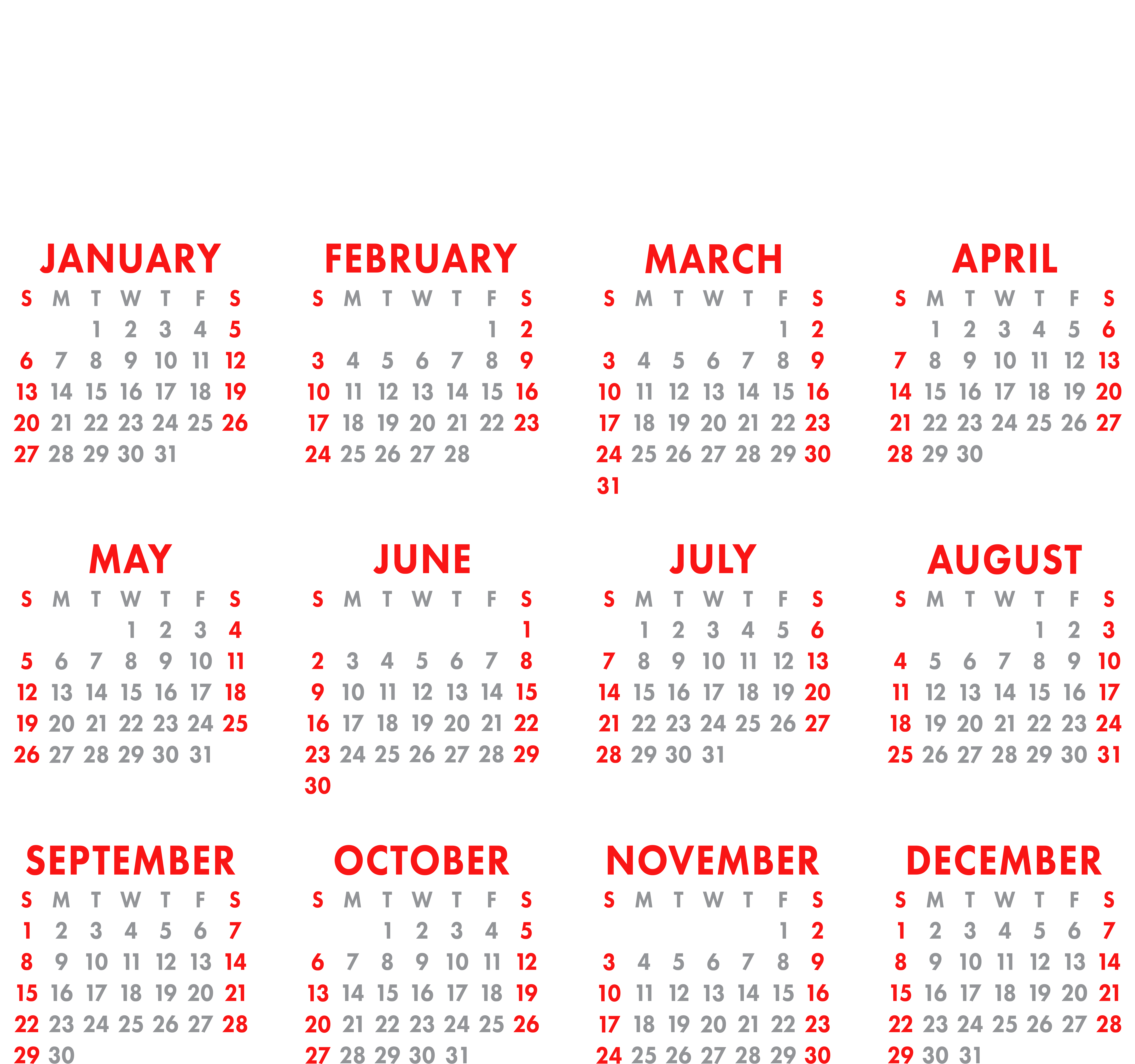 2019 Full Year Calendar Clipart
