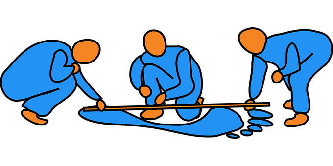 Abstract Blue Figures Playing Billiards