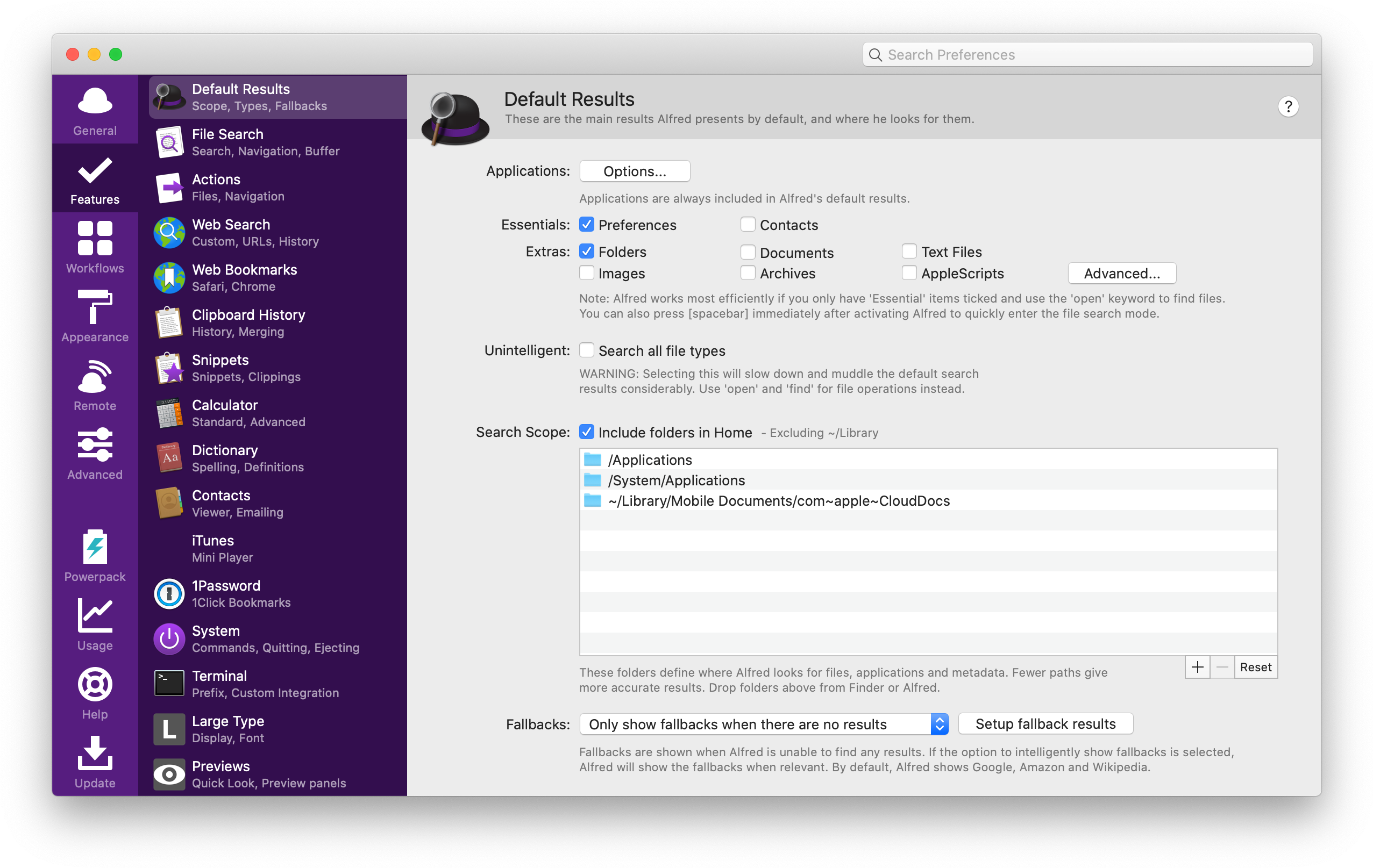 Alfred Preferences Default Results Screenshot