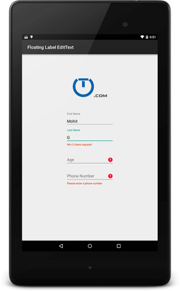 Android Tablet Form Validation Screen