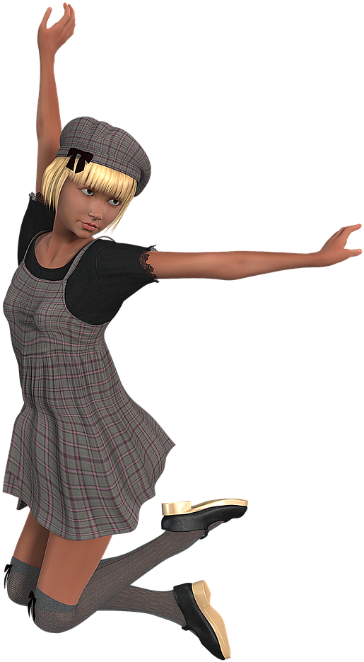 Animated Girl Jumpingin Plaid Dress.png