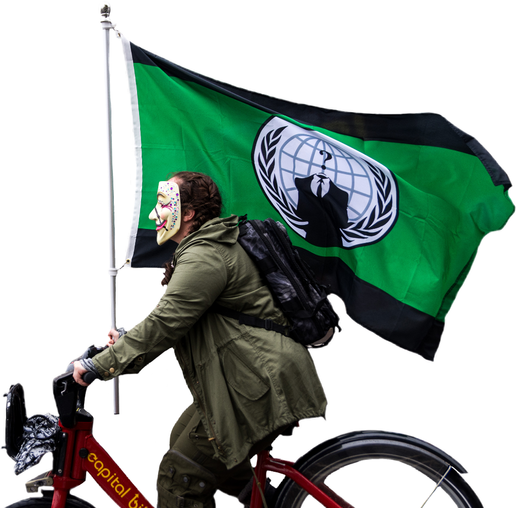 Anonymous Mask Cyclistwith Flag