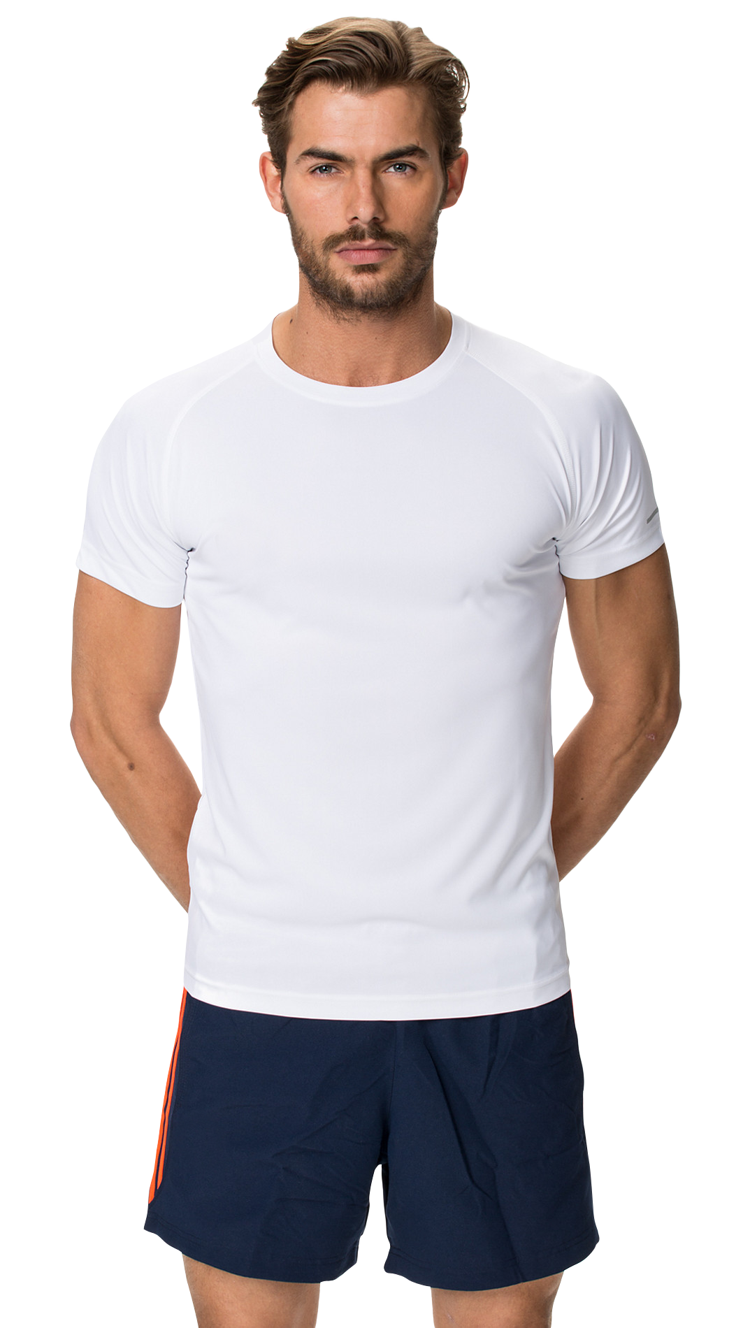 Athletic Man White Shirt Navy Shorts