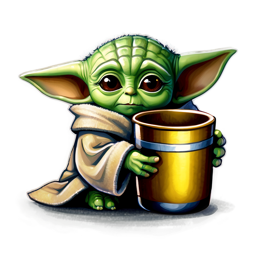 Baby Yoda Cartoon Holding Cup Png Wop