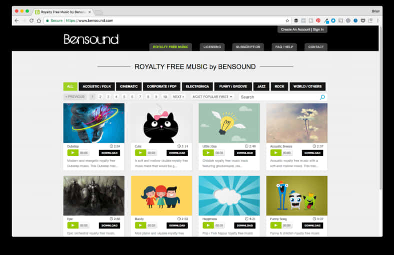 Bensound Royalty Free Music Website Screenshot