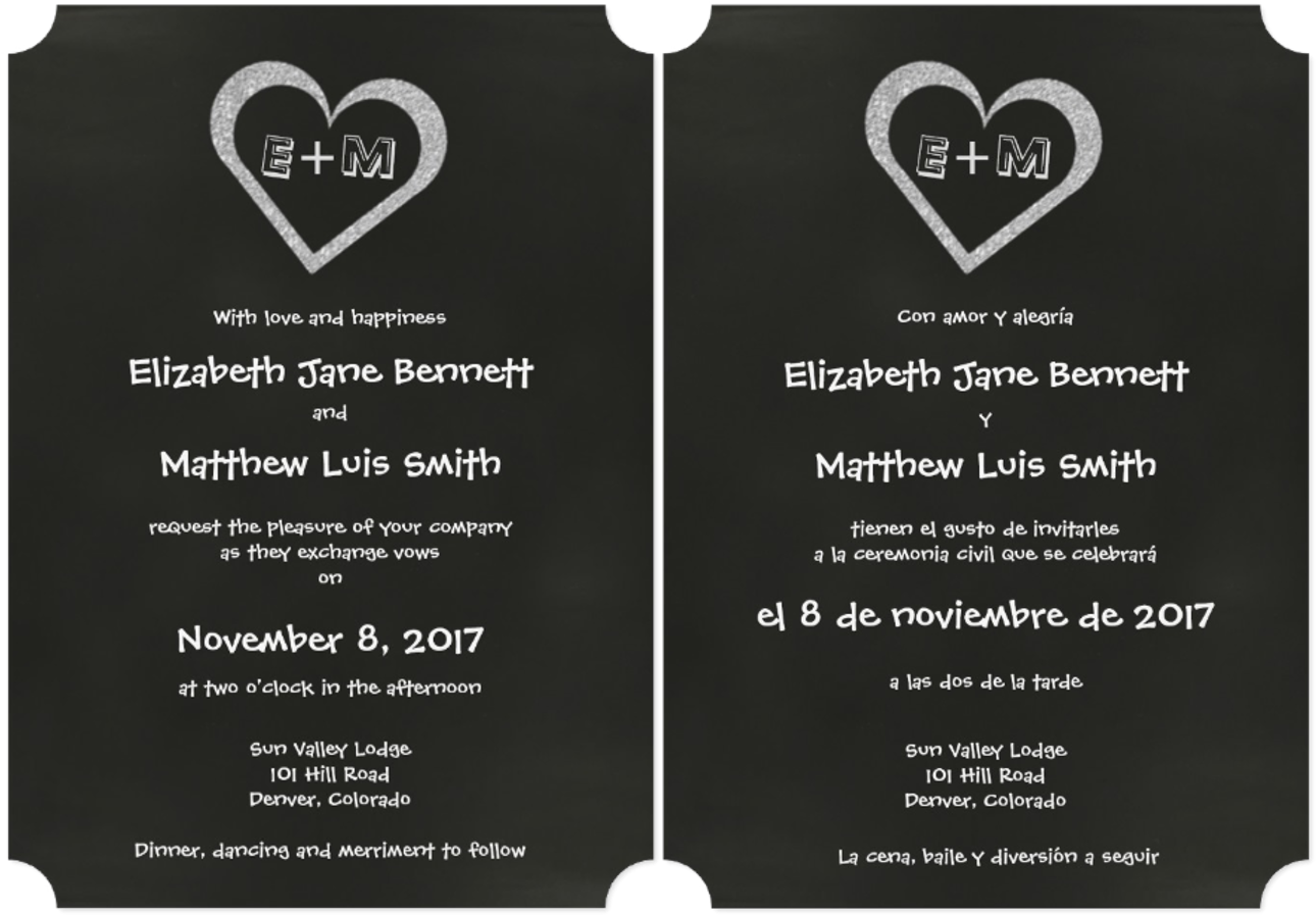 Bilingual Wedding Invitation Black White Heart