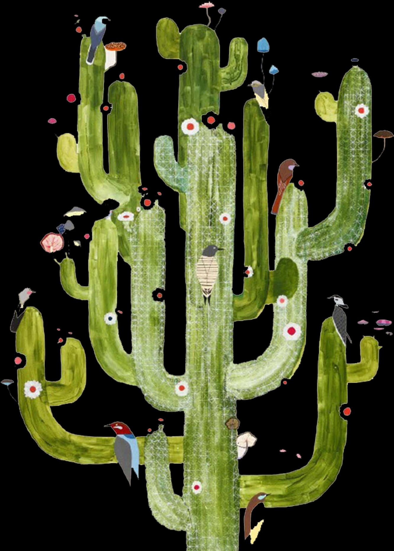 Birds Perchedon Saguaro Cactus Illustration