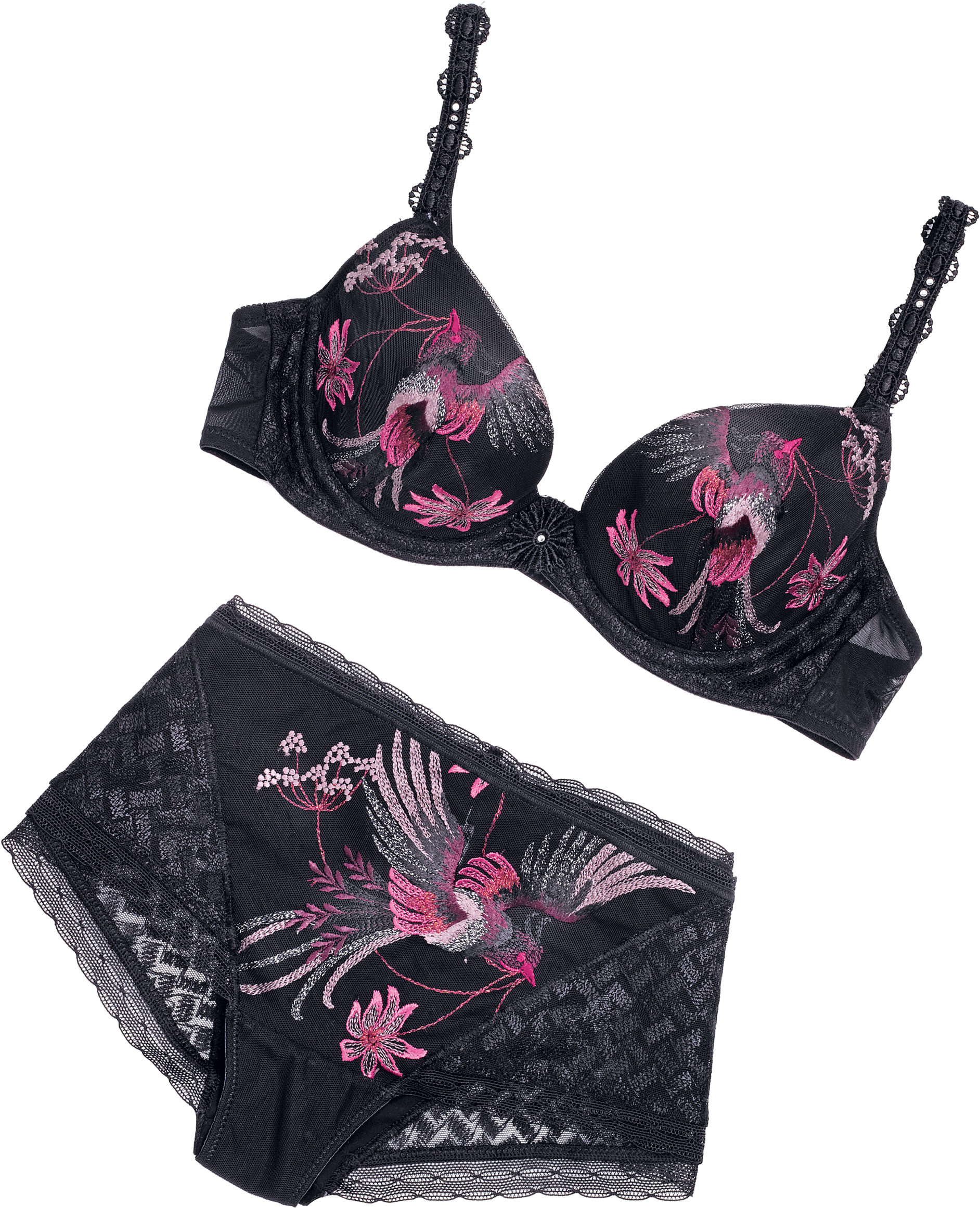 Black Pink Embroidered Lingerie Set