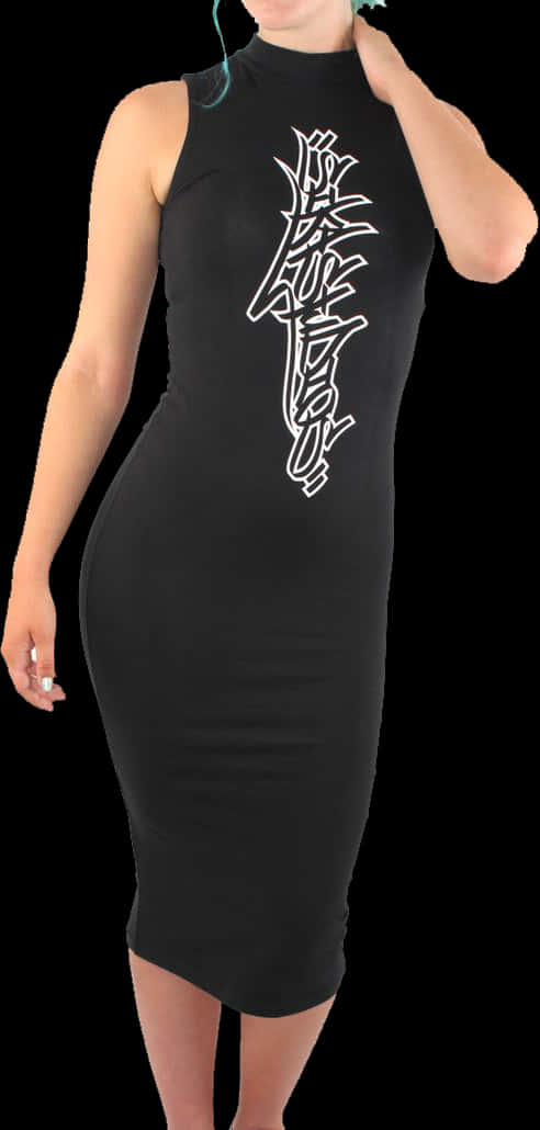 Black Sleeveless Midi Dresswith Graphic