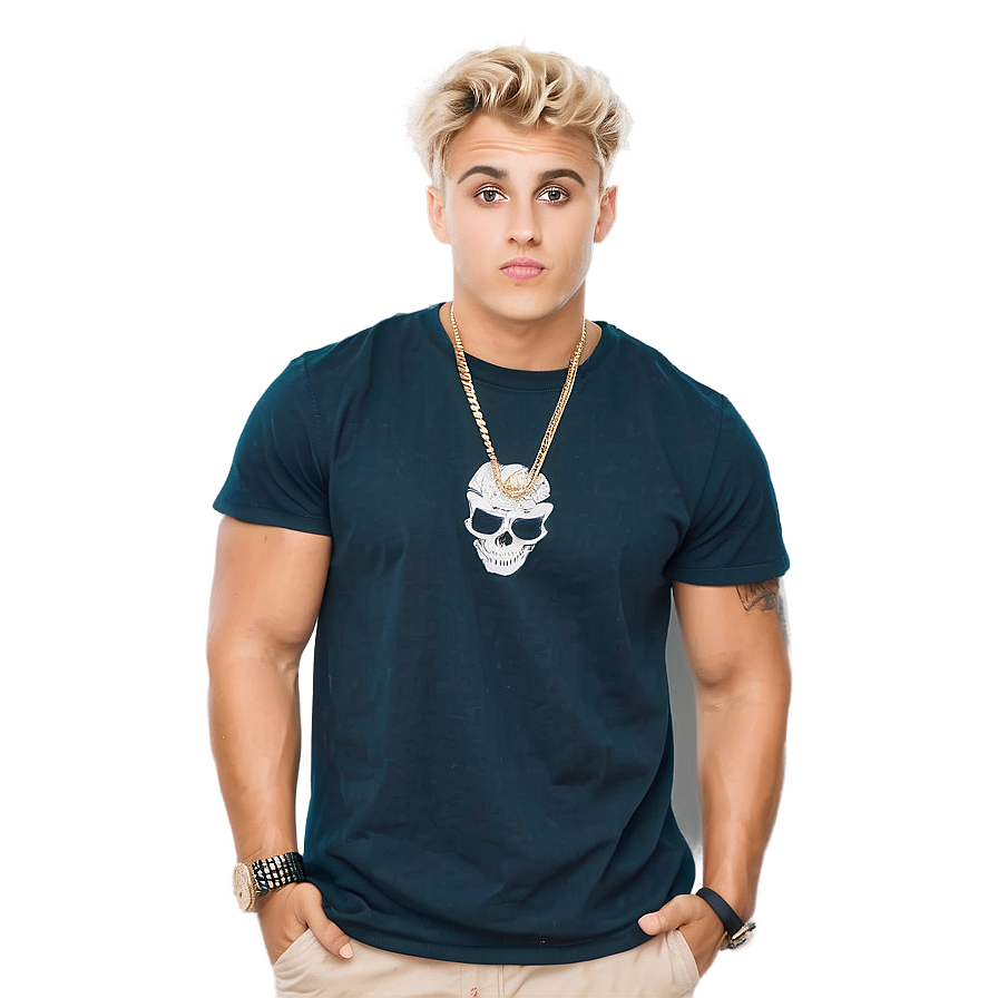 Blonde Manin Black Shirtwith Skull Necklace