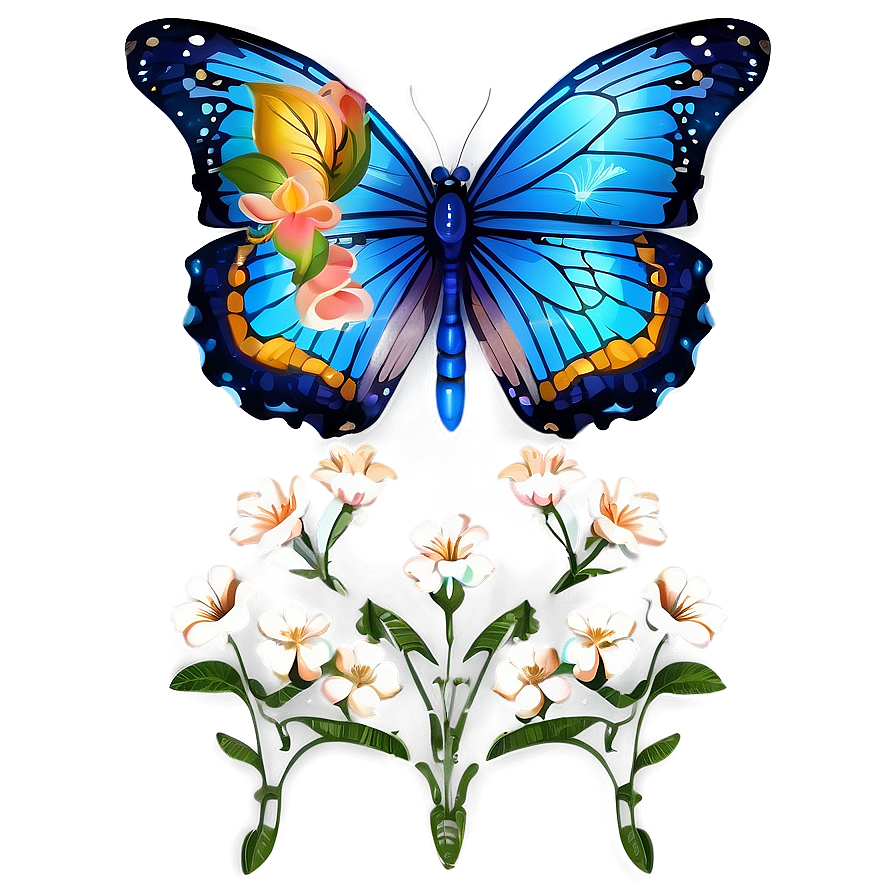 Blue Butterfly With Floral Elements Png Qmg40