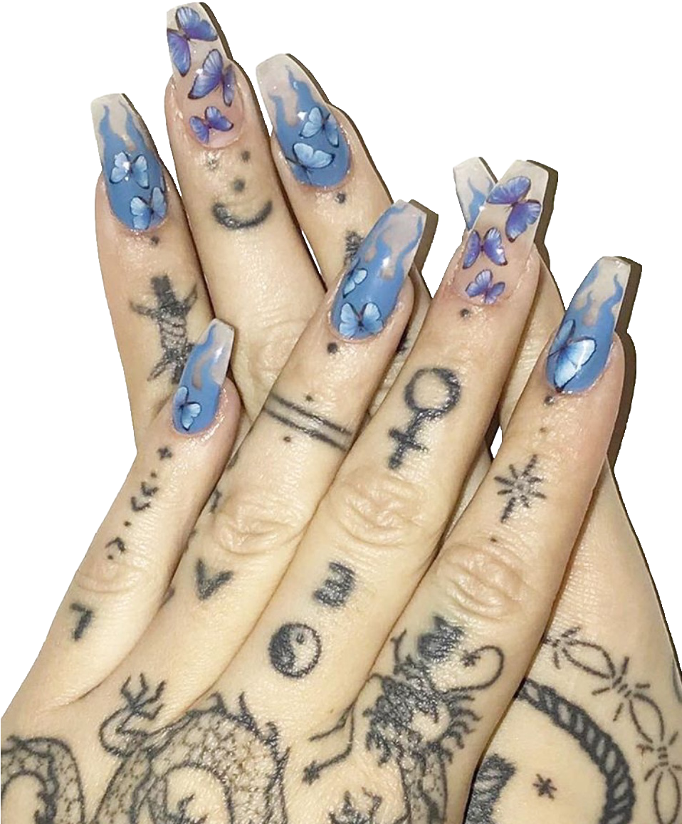 Blue Feather Nail Art Tattooed Hands