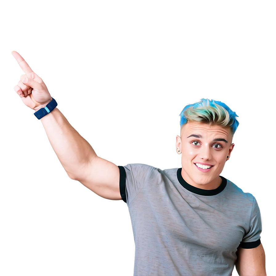 Blue Haired Man Pointing Upwards