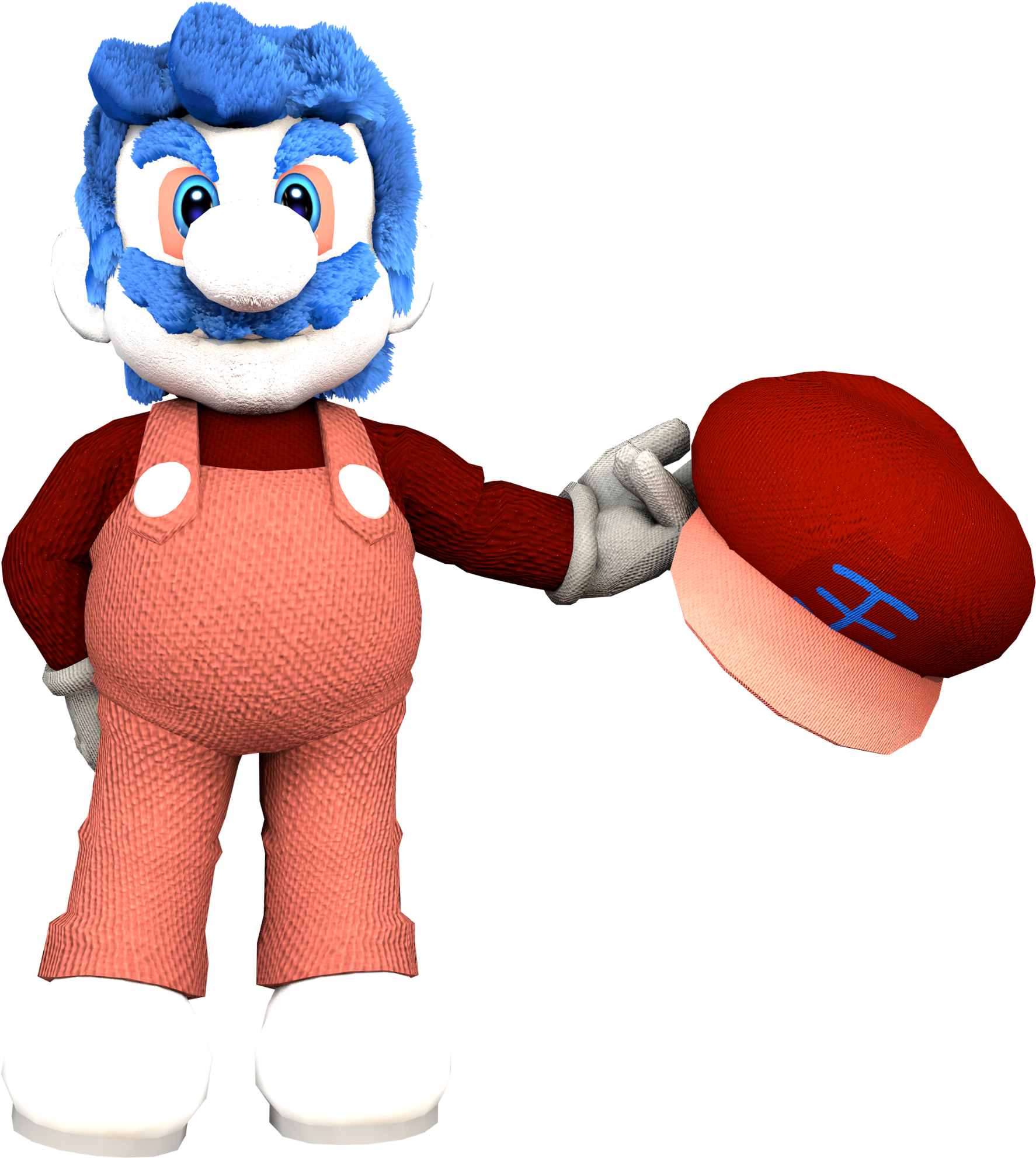 Blue Mustached Character Holding Hat