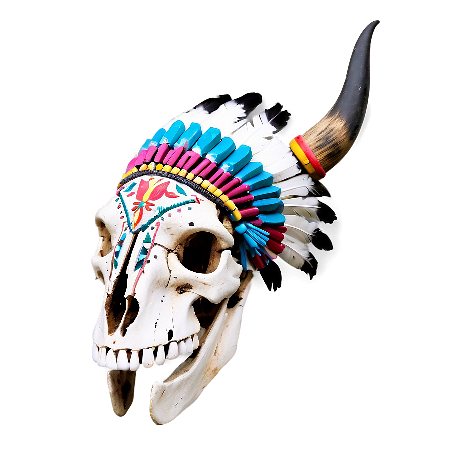 Bull Skull With Native American Headdress Png Yud92