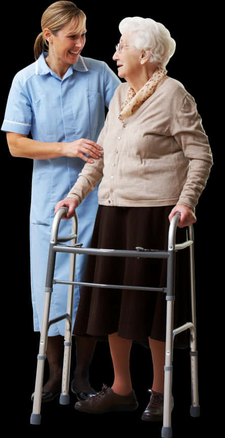 Caring Nurse Assisting Elderly Woman With Walker