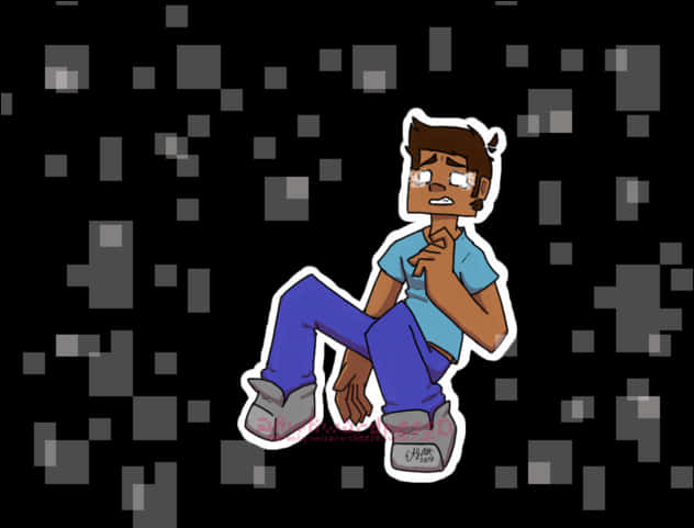 Cartoon Character Sitting Against Minecraft Background