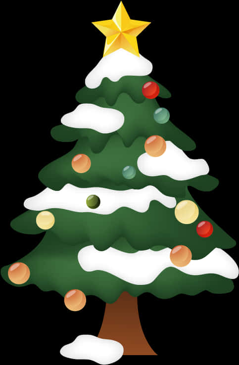 Cartoon Christmas Treewith Snowand Ornaments