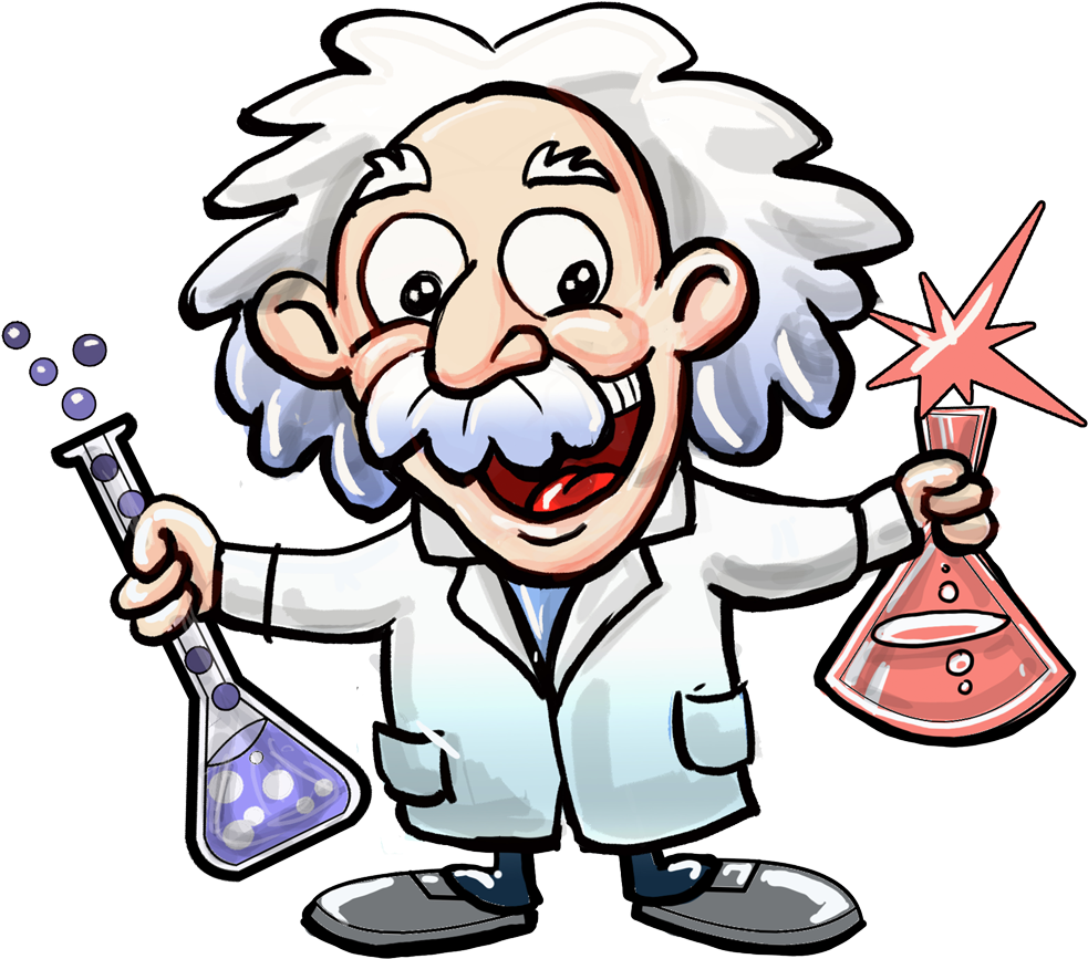 Cartoon Einsteinwith Flasks