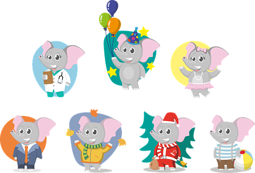 Cartoon Elephantsin Various Outfits