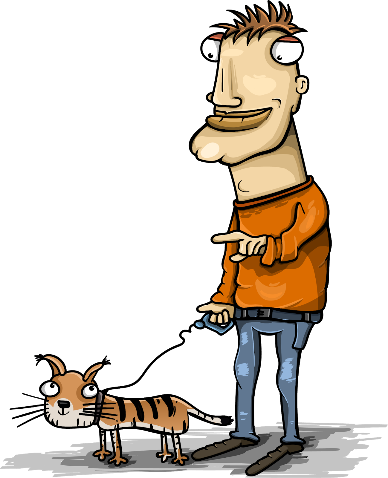 Cartoon Man Walking Striped Cat