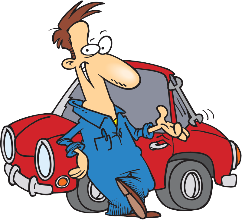 Cartoon Mechanic Leaningon Car