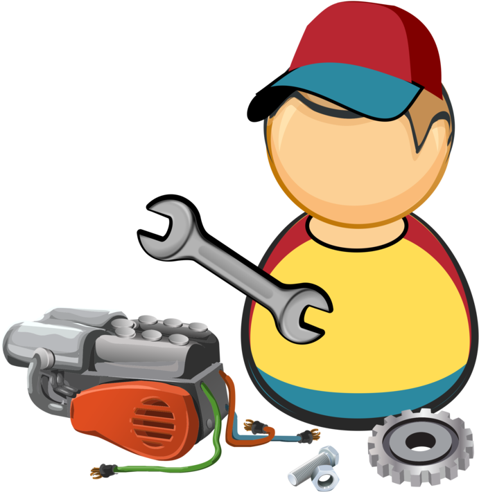 Cartoon Mechanic With Toolsand Engine