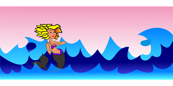 Cartoon Mermaid Surfing Waves