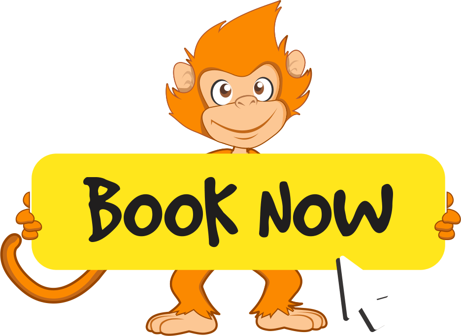 Cartoon Monkey Holding Book Now Sign