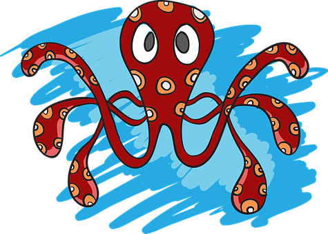 Cartoon Octopus Surfing Wave