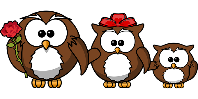 Cartoon Owl Family With Flowerand Bow
