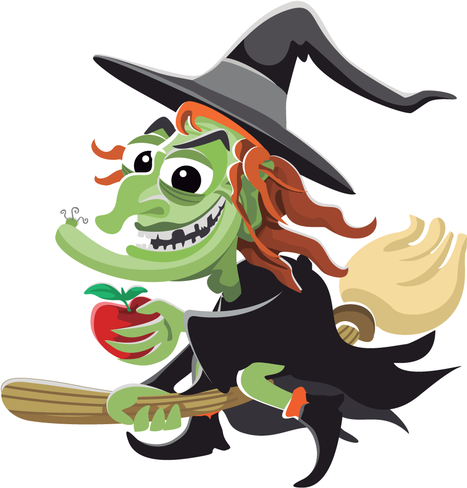 Cartoon Witchon Broomstickwith Apple