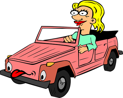 Cartoon Woman Driving Red Car