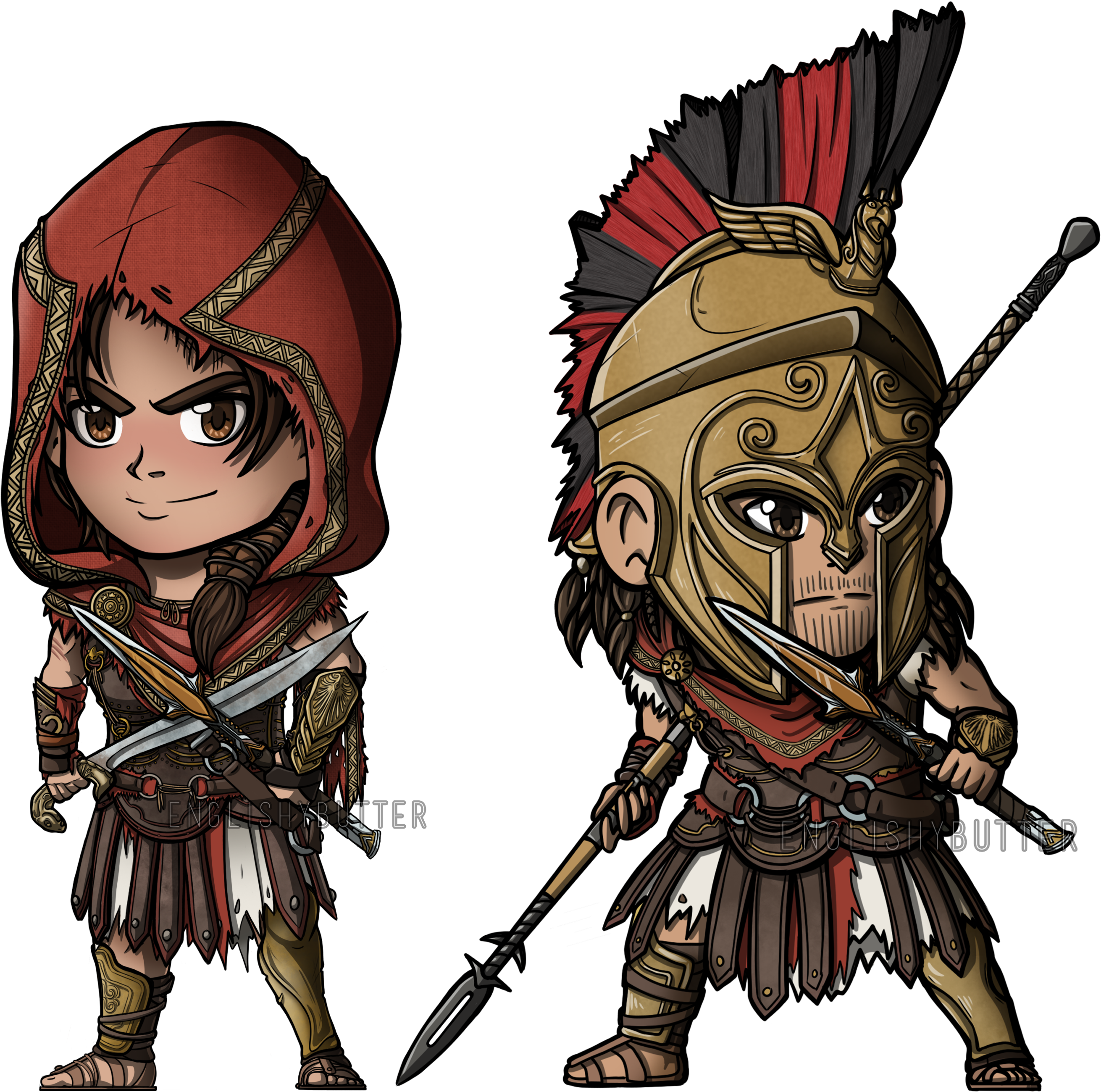 Chibi_ Assassin_and_ Aztec_ Warrior_ Illustration