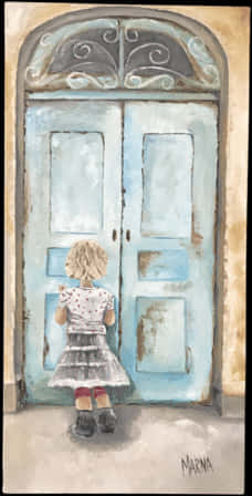 Child Before Old Blue Door Painting