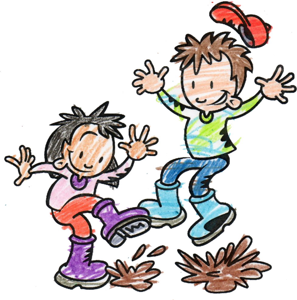 Children Jumpingin Puddles Cartoon