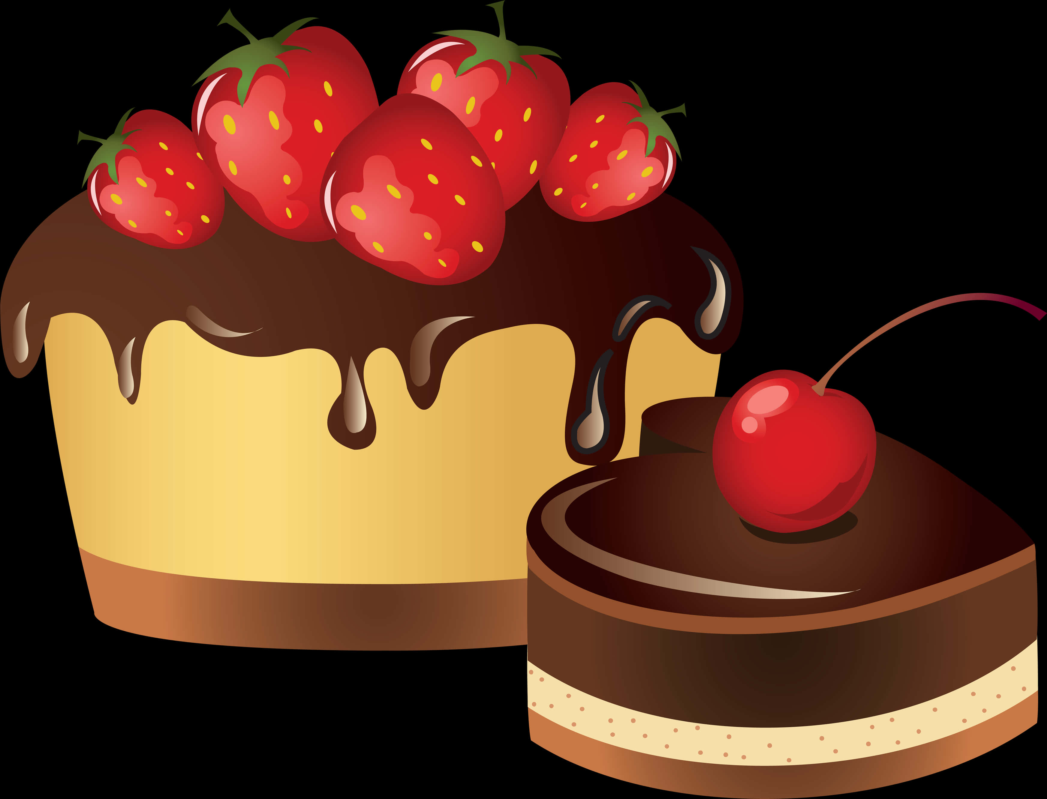 Chocolate Strawberryand Cherry Cakes Illustration