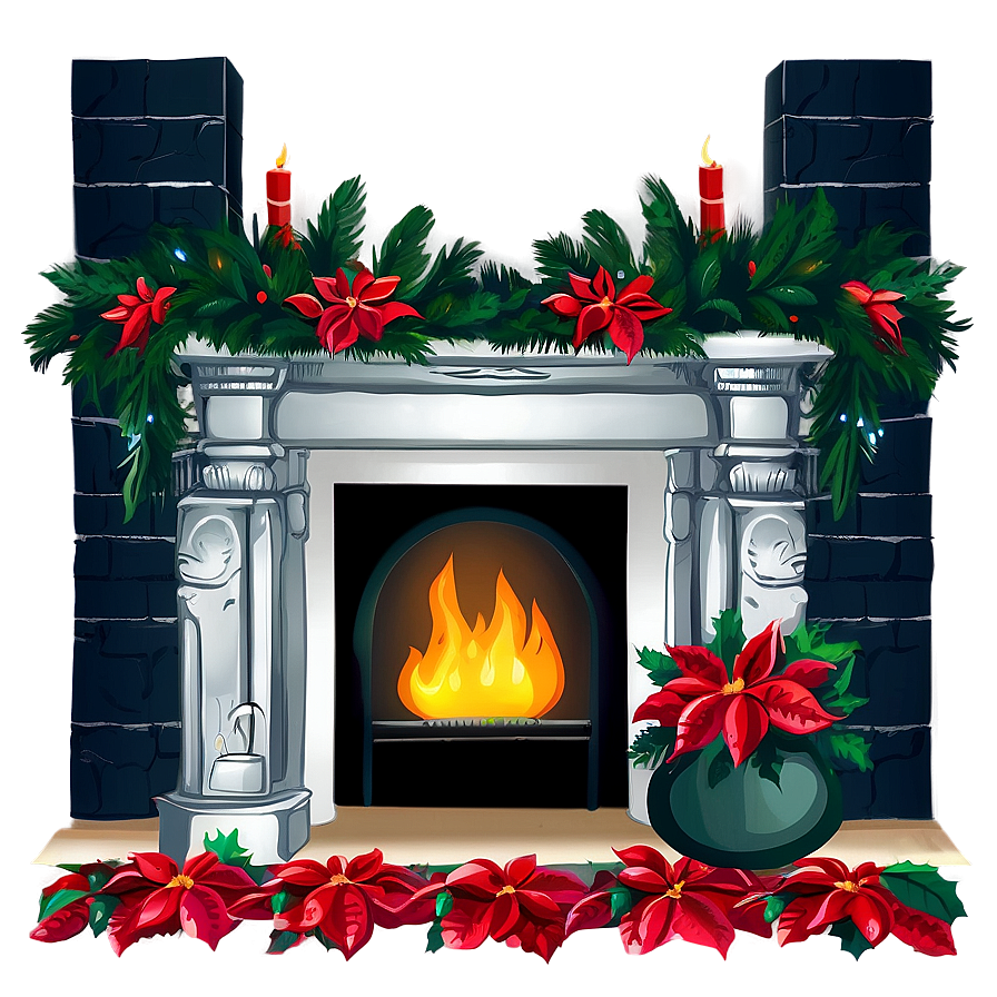 Christmas Fireplace With Poinsettias Png 27