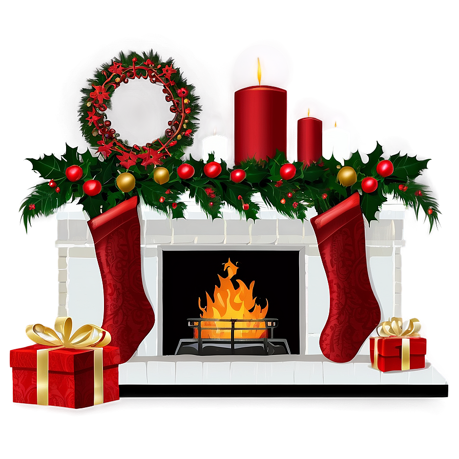 Christmas Fireplace With Poinsettias Png Iww91