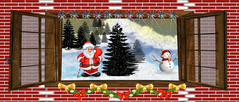 Christmas Santa Snowman Window Scene