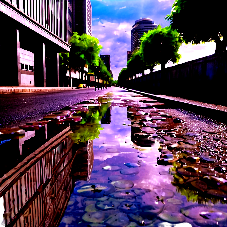 City Street With Water Puddles Png Fan