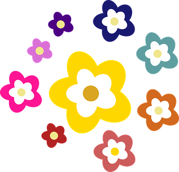 Colorful Cartoon Flowers Black Background