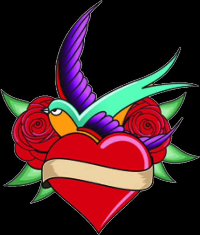 Colorful Heartand Swallow Tattoo Design