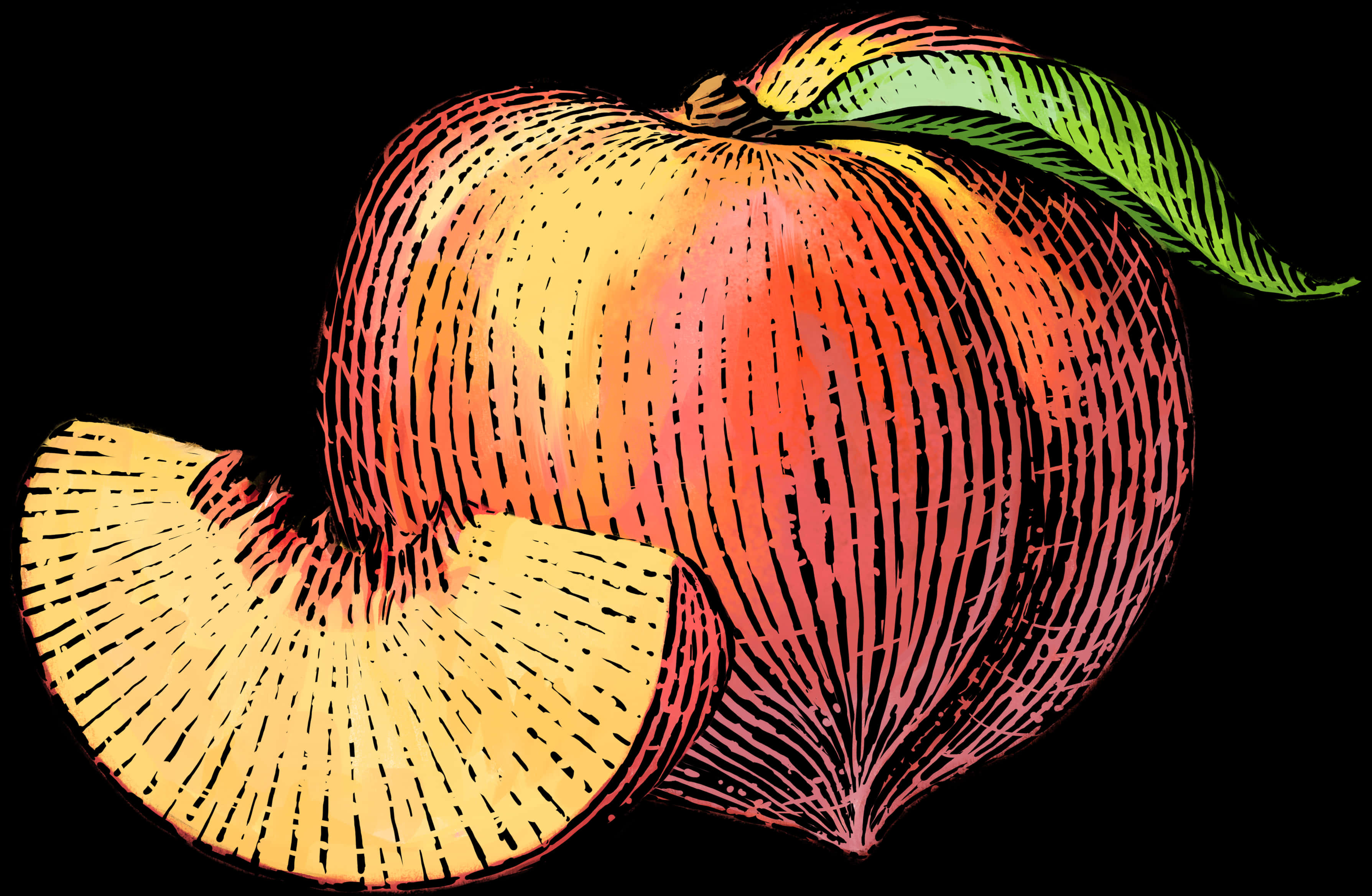 Colorful Sketched Peachand Slice