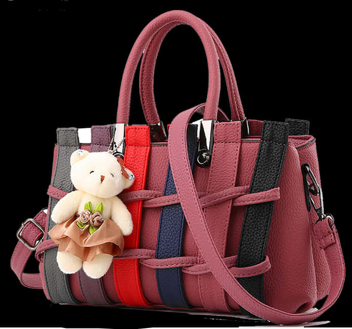 Colorful Striped Handbagwith Teddy Bear Charm